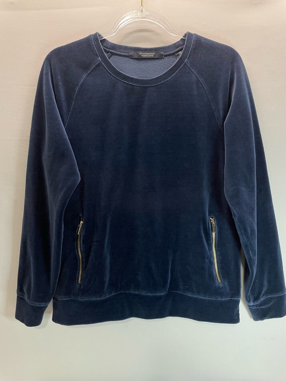 Scotch and Soda Navy Pull Over Velvet Velour Pullover Sweatshirt Zip Pocket Med